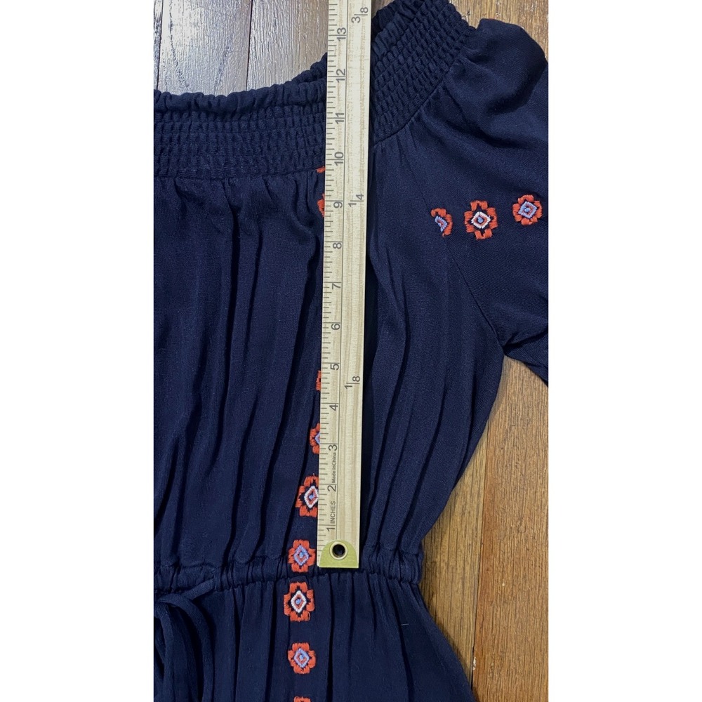 Womens Embroidered Dress Size Small Navy Blue Boho Floral Folk Hippie Waist Tie - Picture 6 of 11